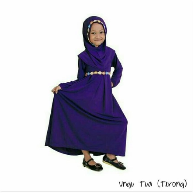 Baju Muslim Gamis Anak Perempuan Warna Ungu Tua (Gamis + Hijab)