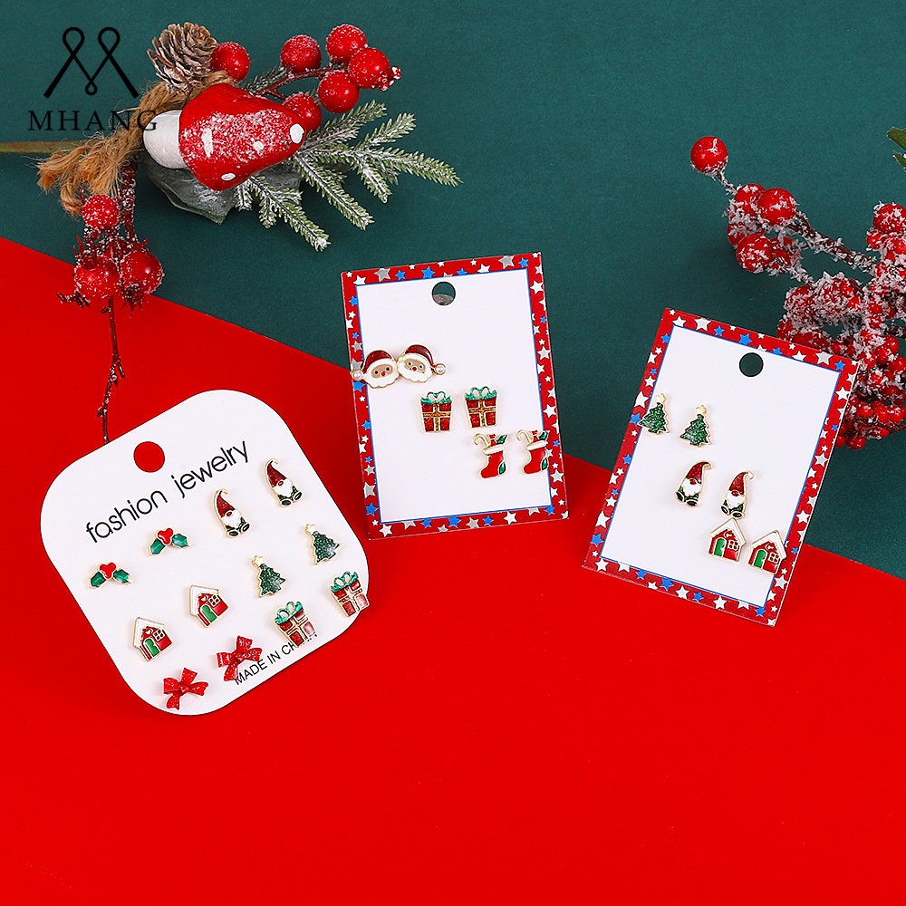 Mhang Set Anting Tusuk Mini Desain Pohon Natal / Santa Claus Untuk Wanita