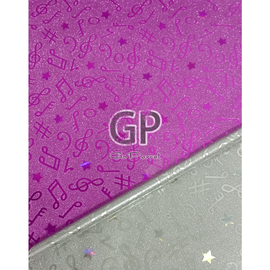 ( 3 Lembar ) PLASTIC METALLIC GLITTER MUSIC - PLASTIK KADO METALIK GLITER PASIR SHINY MENGKILAP NADA BLOK NOT TANGGA MUSIK PINK PURPLE EUSTHATIC VINTAGE CLASSIC