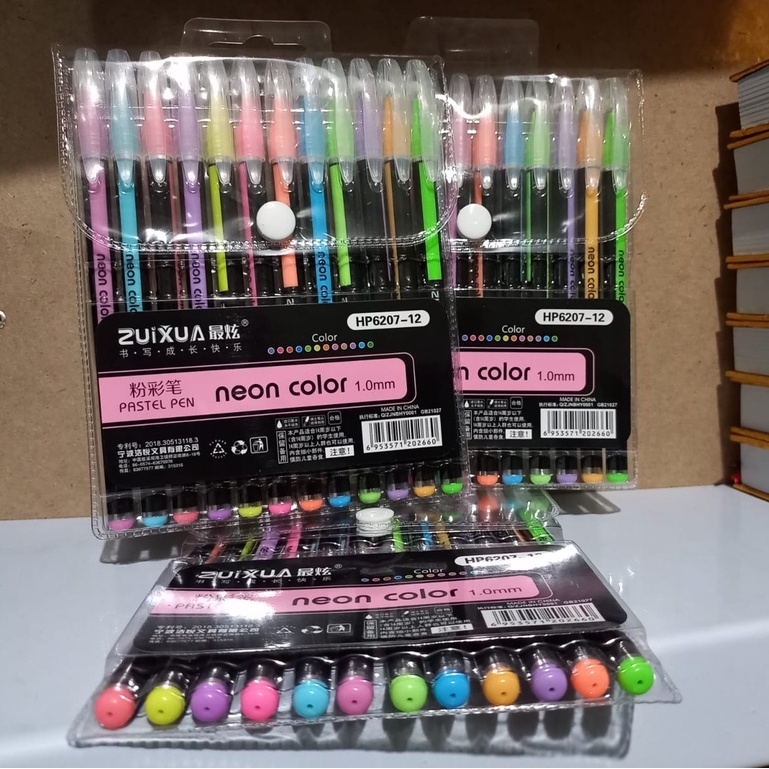 PULPEN GEL WARNA WARNI NEON COLOUR PASTEL GLITTER PEN ISI 12 WARNA PENA