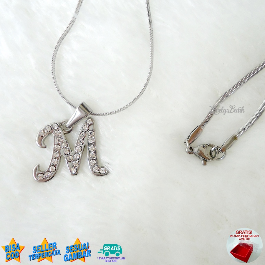 Lovelybutik - Kalung Inisial Huruf Titanium anti karat Kalung hurup Abjad Alphabet Ins M Klasik Bonus Kotak Perhiasan