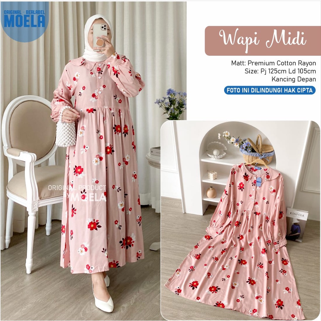 MIDI DRESS/GAMIS DENGAN KANCING DEPAN BUSUI ~ BAHAN PREMIUM COTTON RAYON ~ WAPI MIDI ORIGINAL MOELA