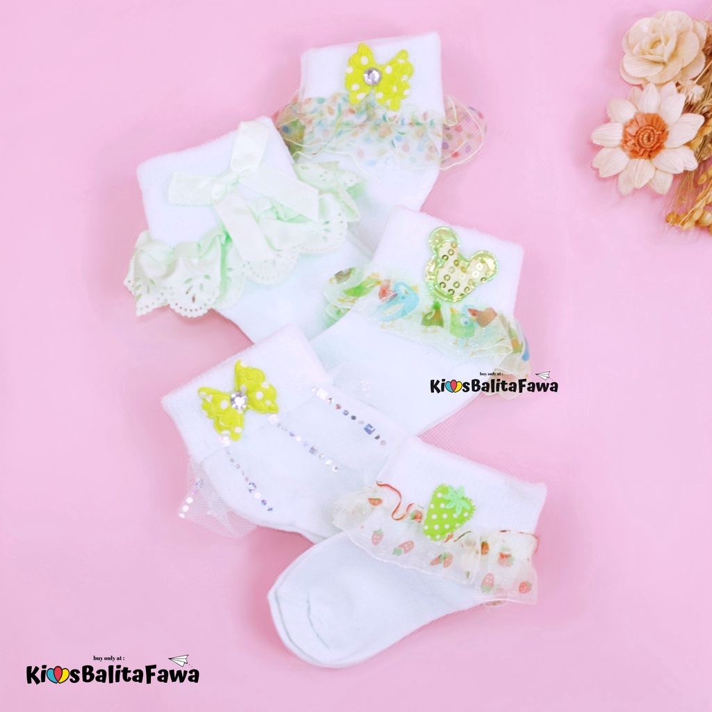 [HIJAU MUDA] Kaos Kaki Pita Renda &amp; Prewalker Socks 3D Bayi / Anti Slip Raju Halus Baby Perempuan Import Murah Polos Stretch Babycinnamon