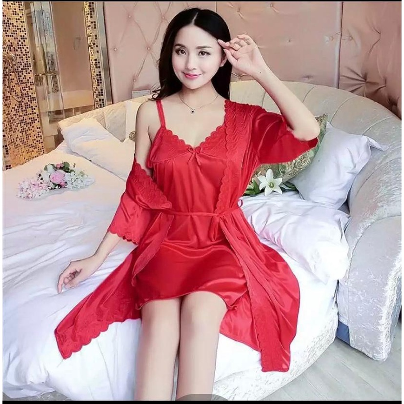 BAJU TIDUR KIMONO LINGGERIE SEXI 2IN1 JUMBO SATIN IMPORT