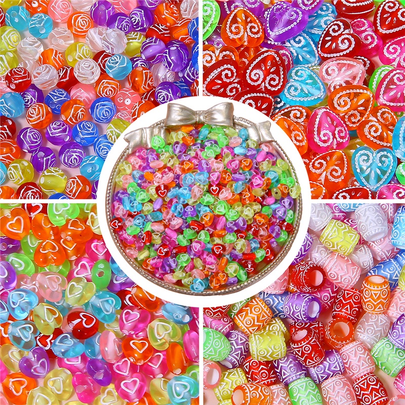 60-30 Pcs 7-11 Mm Antik Ukiran Bunga Pola Warna Campuran Akrilik Bunga Hati Manik-manik Longgar untuk Kalung Gelang DIY Membuat Perhiasan