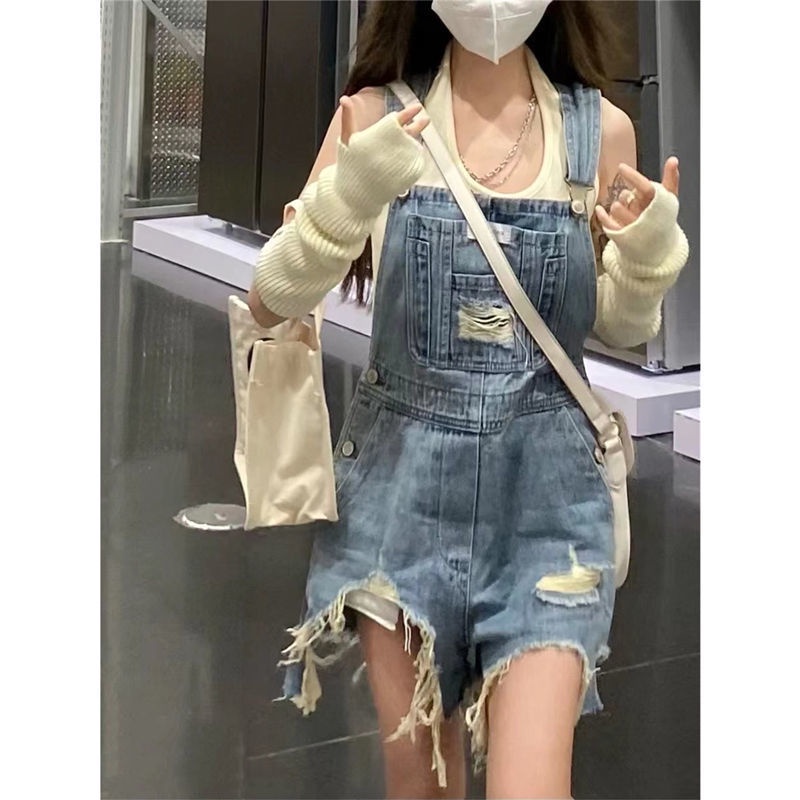 Hot girl ripped denim overall wanita musim panas baru retro pinggang tinggi celana pendek lurus long