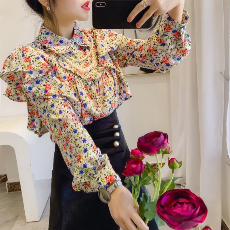 Blouse Korea Motif Bunga Import Baju Korea Motif Bunga Lengan Panjang Import Atasan Korea Import Shopee Indonesia