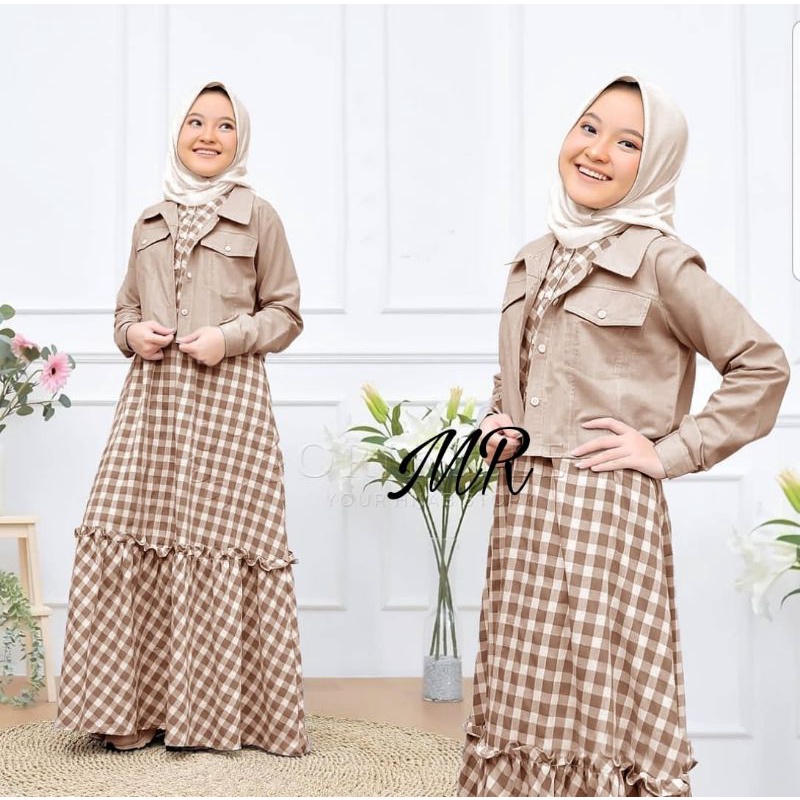 SET CARDI KID ANAK JANICE KOTAK, MOSCREPE KATUN, GAMIS HIJAB MUSLIM, MAXY DRESS