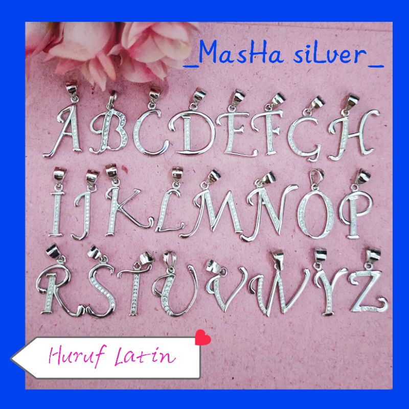 LIONTIN HURUF/INISIAL/ABJAD LATIN BESAR PERAK ASLI SILVER 925 LAPIS MAS PUTIH-BANDULAN KALUNG