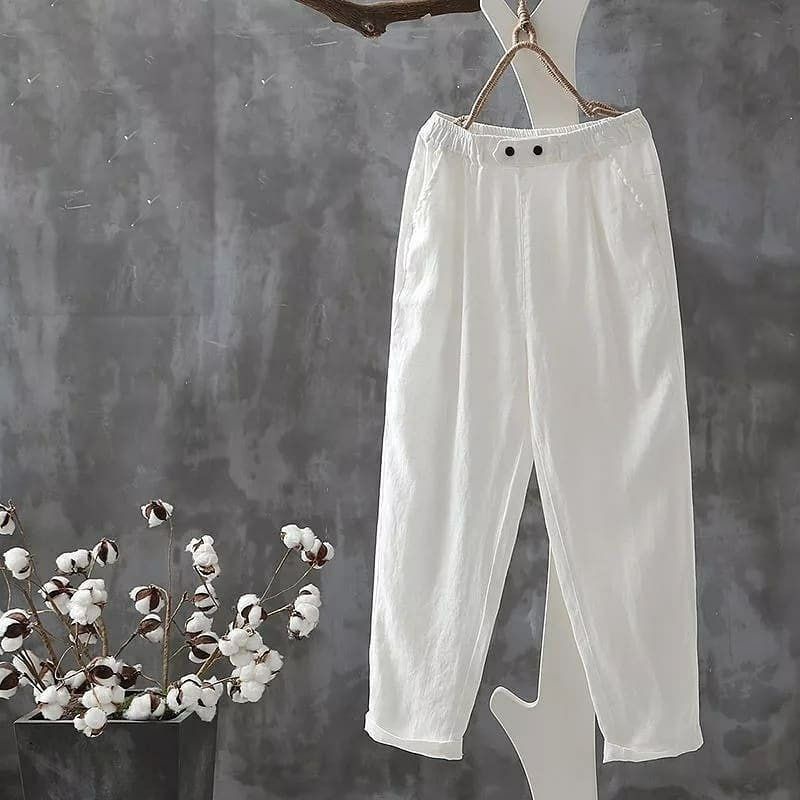 Celana Baggy Kancing Lipat Bawah Bahan Katun Rami Highwaist-Baggy Pant-Celana Panjang Wanita-Celana Baggy-Celana Kekinian-Celana Panjang-Bawahan Wanita-Putih