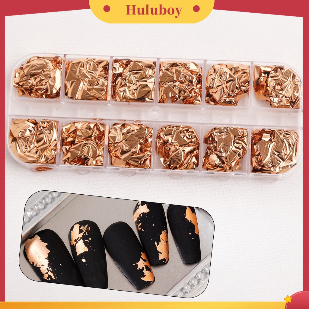 Huluboy Huluboy♡ 12 Grids / Box Kertas Foil Warna Emas Multifungsi Untuk Nail Art