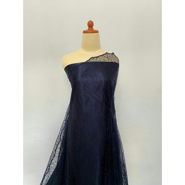 SETENGAH METER Kain Brokat Tile prancis Bahan Kebaya Motif Akar - Navy ( HARGA PER 50cm KAIN )