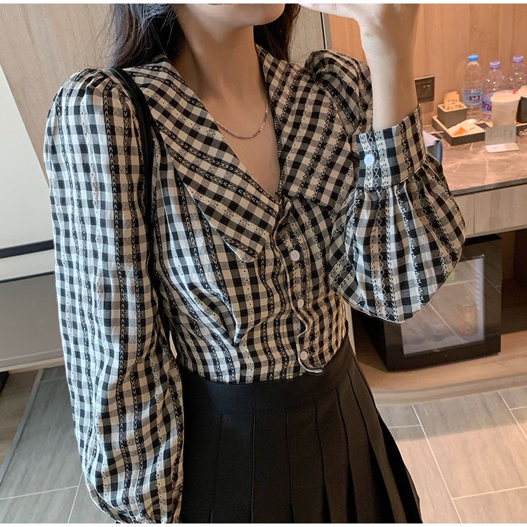 Kemeja Crop Wanita Kotak Kotak Import Wanita Lengan Panjang Blouse Korean Style