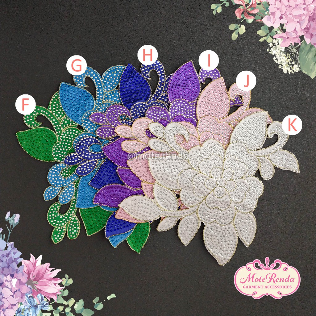 Aplikasi bunga permata iron-on, size 23cm (beli 2 gratis 1) kode 8TAR20