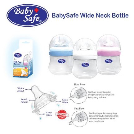 Baby Safe Dot &amp; Botol Wide Neck Milk Flow System Bottle And 3 Stage Feeding Bottle Botol Wideneck 125ml 250 ml BabySafe WN001 WN00 WN302