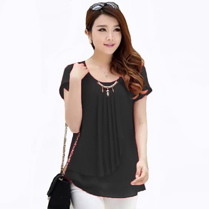 Blus Sifon - Blouse Wanita - Atasan Wanita Korean Style Blus Dengan Variasi Kalung Mutiara - Hitam
