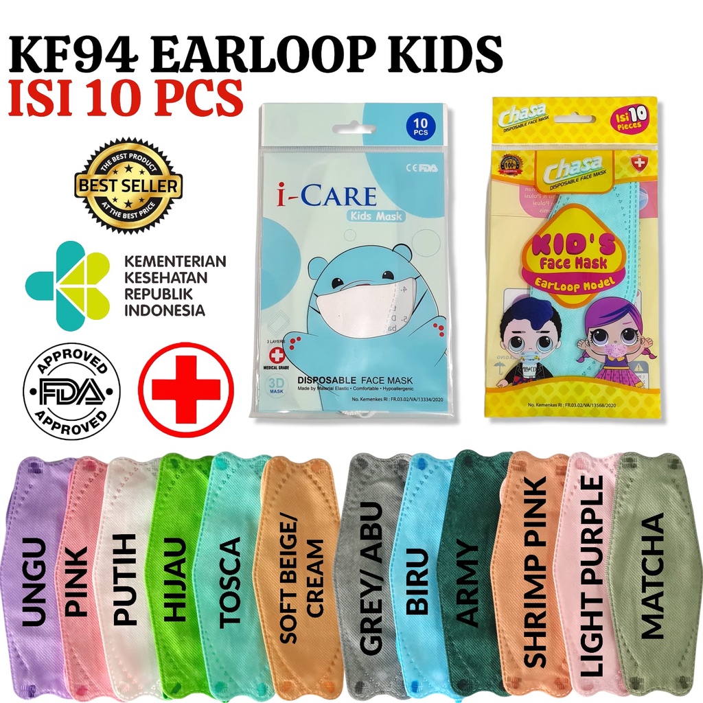 MASKER ANAK KF94 I-CARE KOREA KF 94 ICARE CHASA KIDS FACE MASK ISI 10PCS