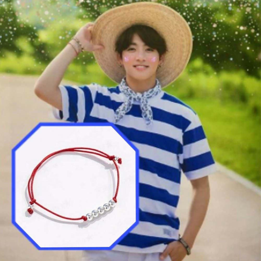 Gelang BTS Jungkook Summer Time/ Gelang Kpop BTS Jungkook 5 SILVER BEADS TALI MERAH