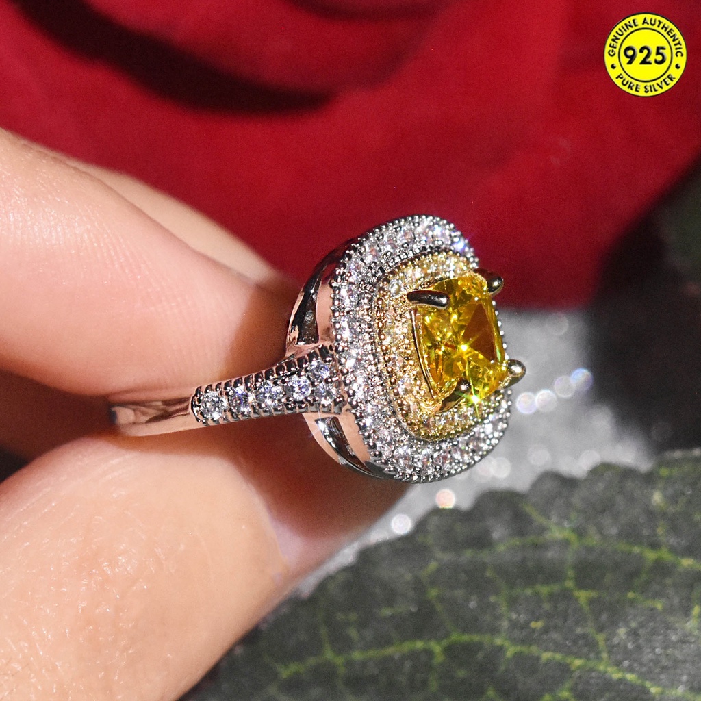 Cincin Berlian Kuning Bentuk Kotak Bahan S925 Silver