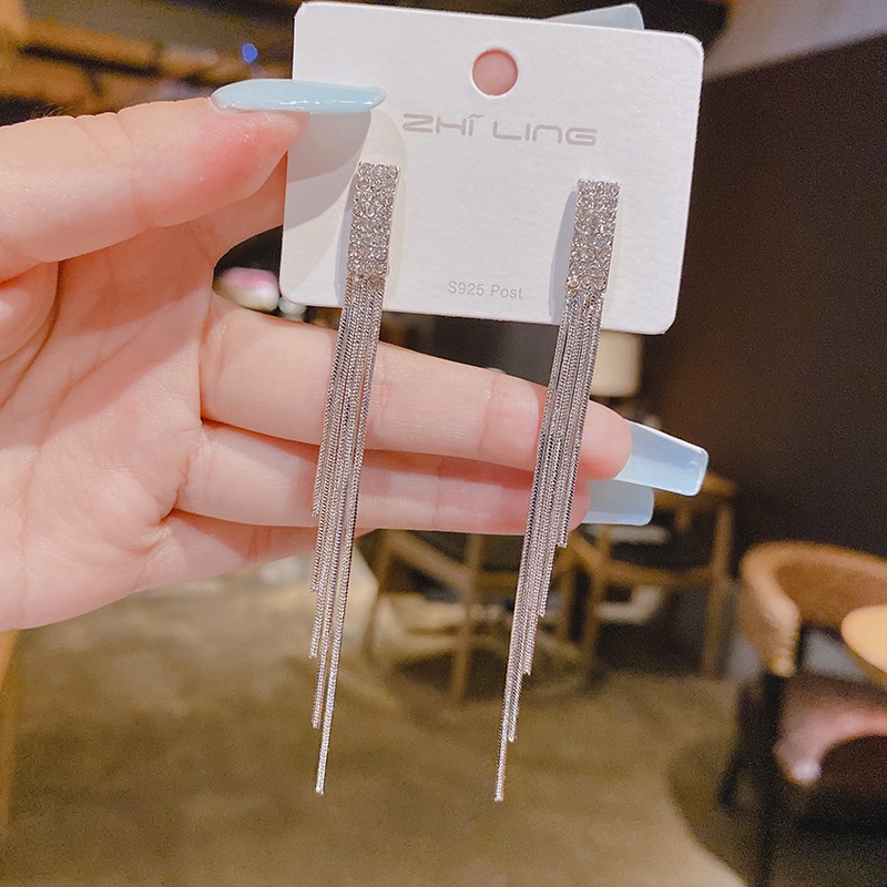 925Jarum Perak Gaya Korea Penuh DiamondinsPanjang Rumbai Anting-Anting Wanita Korea Selatan Dongdaemun Sederhana Dingin Telinga Cincin-2