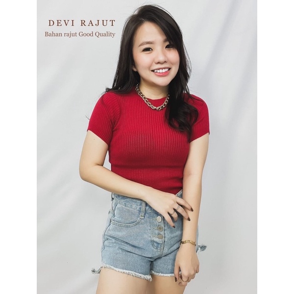 BAJU WANITA ATASAN BLOUSE RAJUT CEWEK DEVI FASHION LENGAN PENDEK POLOS KEKINIAN