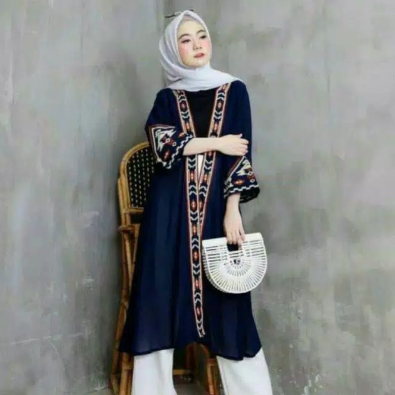 CARDI BOHEMIAN SIFON OUTER BKK BORDIR | KARDIGAN BORDIR SELEBGRAM HITS | LONG CARDI BORDIR PREMIUM-Navy