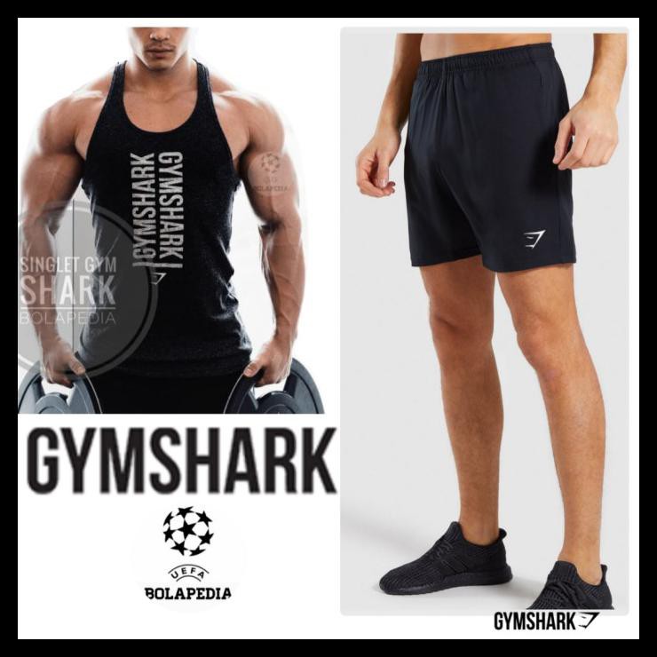 Stelan Singlet Gymshark + Celana Sport Gym Shark Fitnes Kaos Pria