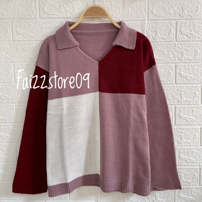 SWEATER RAJUT CROP TOP STRIP COMBINE BAHAN TEBAL PREMIUM KNIT