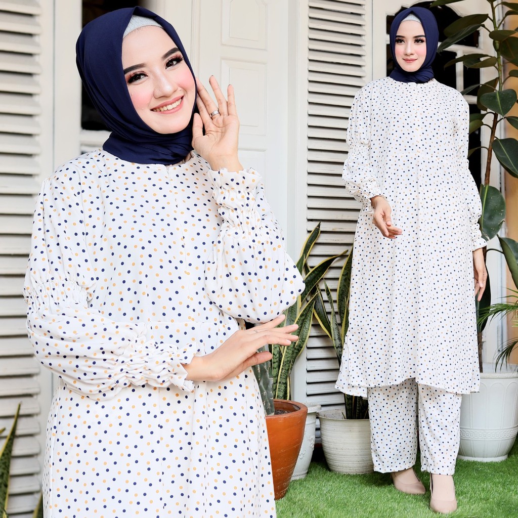 HOPYLOVY - Setelan Polkadot Wanita Set Bahan Wallpeach