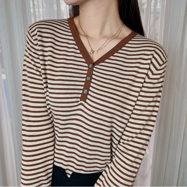 【Elegant】Summer  Striped Long Sleeves With Buttons knitting T-Shirt 7401