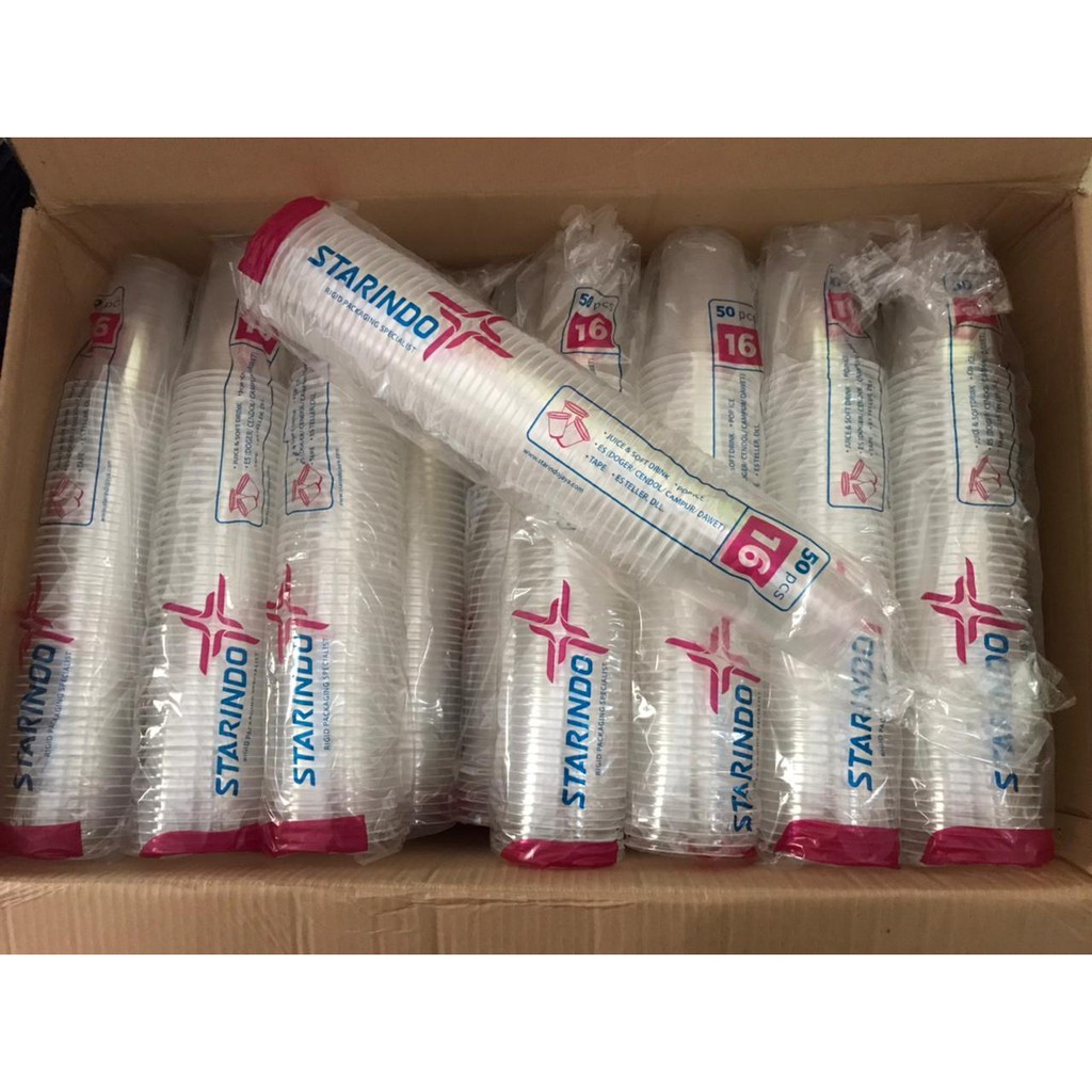 Cup 16 Oz Starindo isi 50 || Gelas Plastik Datar PP Bening