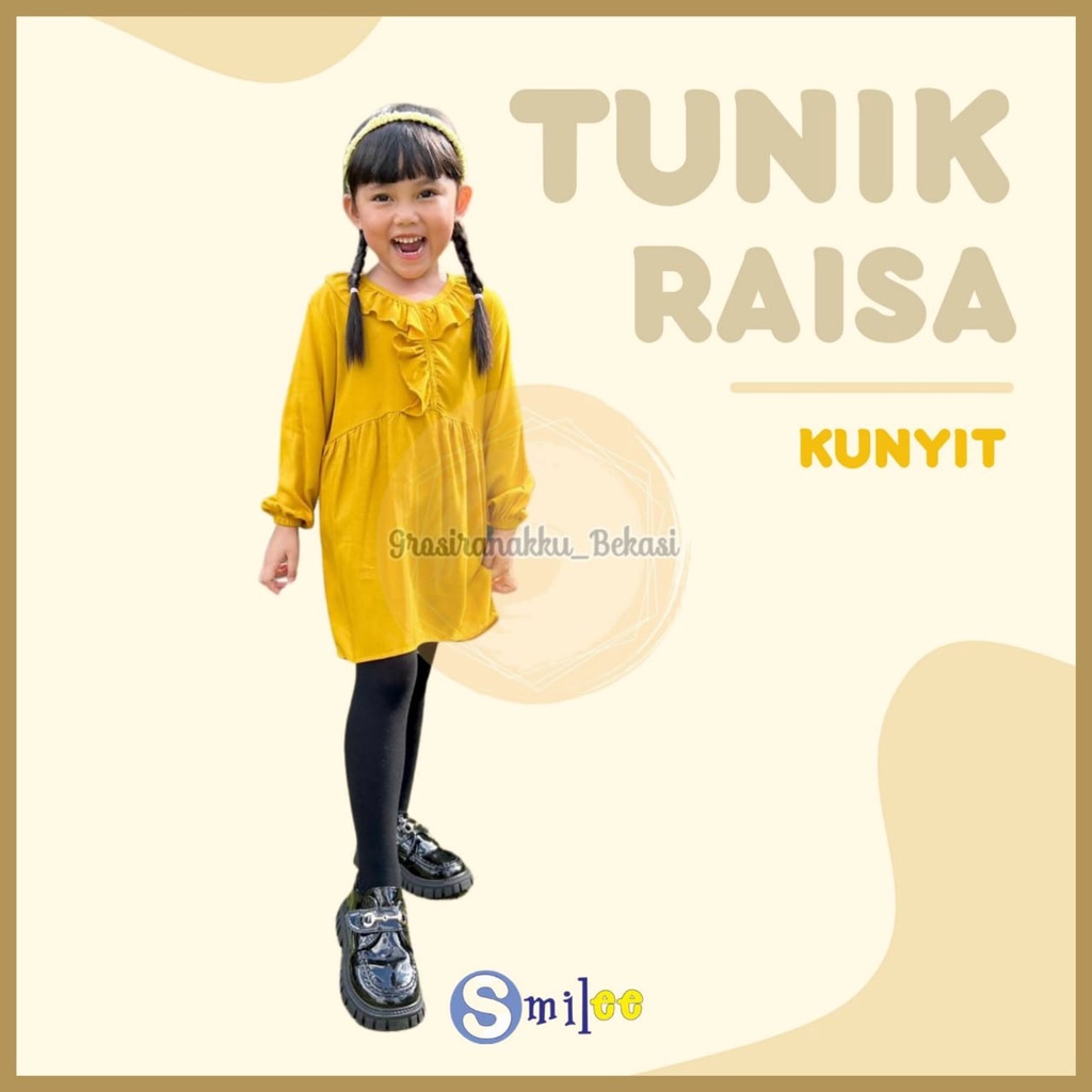 Tunik Anak Raisa Smilee Rayon   Warna Kunyit Size 2-10 Tahun