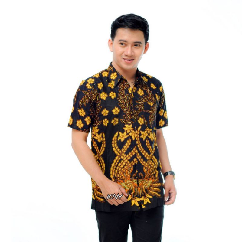 Kemeja batik pria lengan pendek Motif manuk kuning