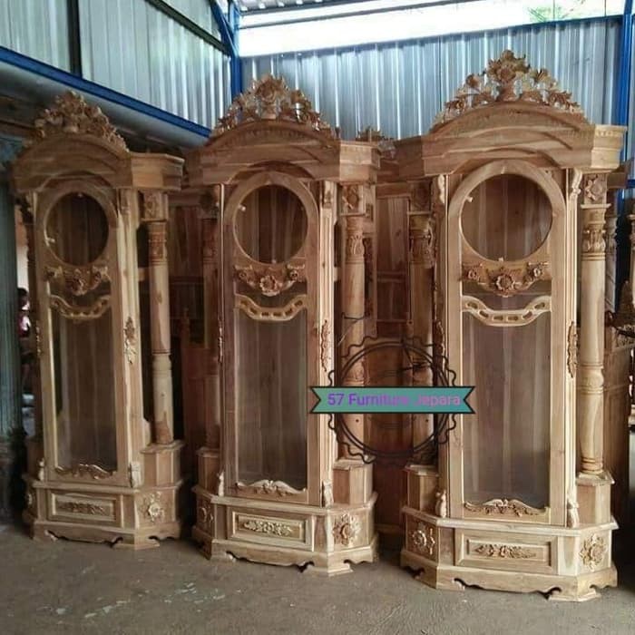Lemari jam besar ukir motif Bunga Mawar jati mentahan Jam hias Masjid