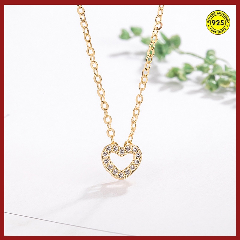 Kalung Rantai Lapis Emas 18K Dengan Liontin Hati Hollow Aksen Berlian Untuk Wanita