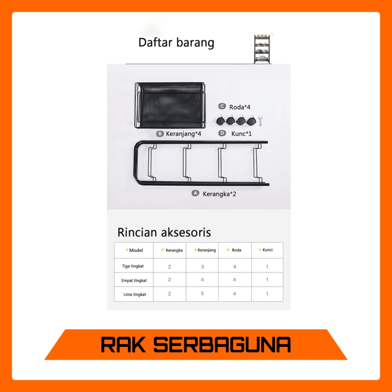 Rak troli Serbaguna Hitam Dan Putih rak Baja Karbon Dengan Roda Untuk Dapur Kamar Mandi rak multifungsi