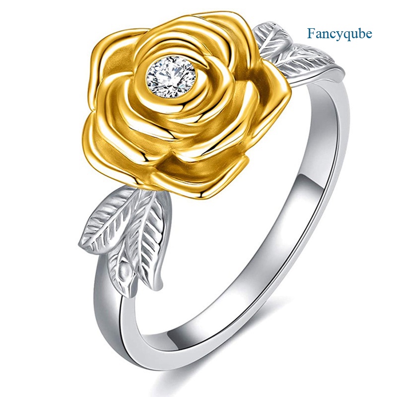 Fancyqube Cincin Wanita Model Terbuka Adjustable Desain Bunga Mawar + Daun Hias Berlian Imitasi