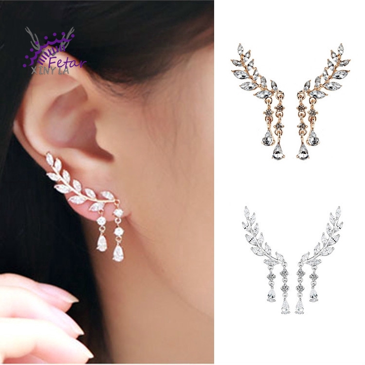 Fetar Anting Tusuk Gantung Desain Daun Hias Kristal Warna Silver Untuk Wanita