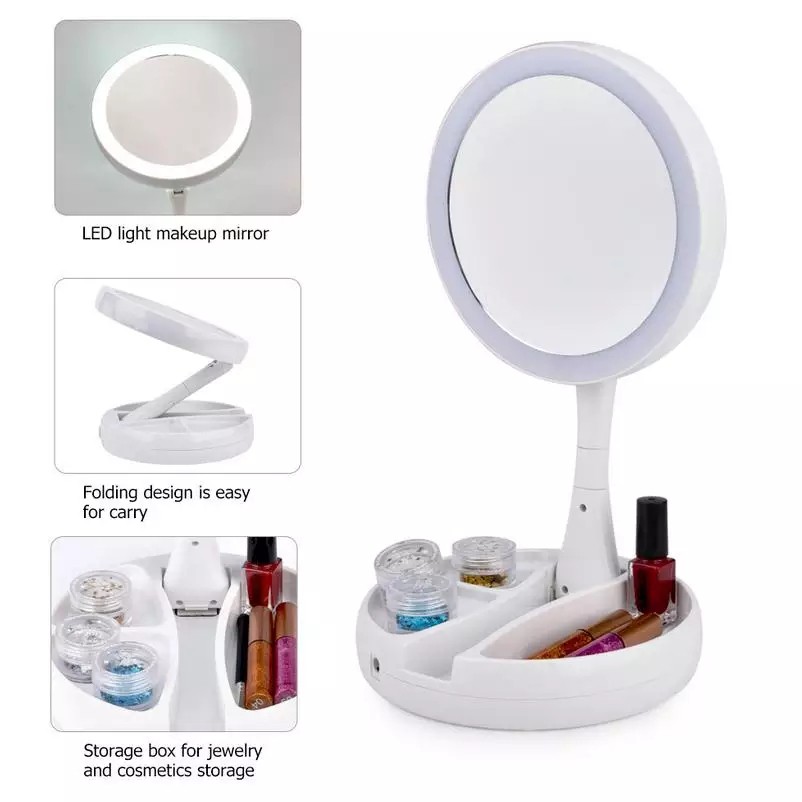 Cermin LED Foldable Kaca Rias Make Up Double Sided Mirror Cermin LED Foldable Kaca Rias Make Up Double Sided Mirror