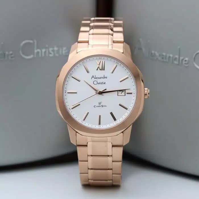 Jam tangan pria Alexandre Christie AC rosegold putih Original