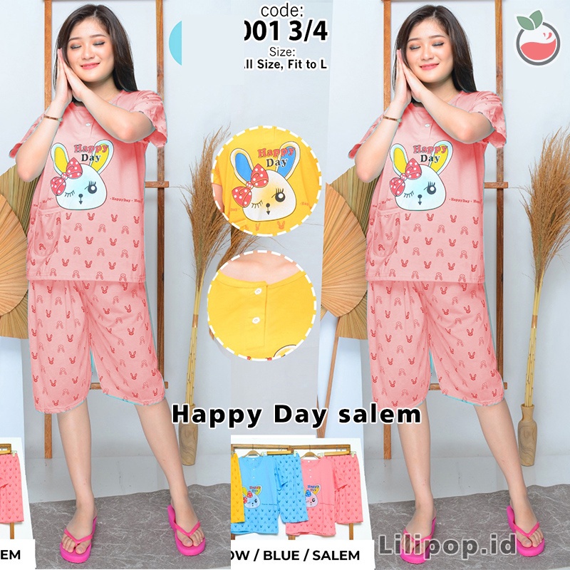 Lilipop.id  Baju Tidur Wanita 3/4 ALL SIZE STANDAR Happy Day Setelan Piyama BabyDoll Kaos Celana Pendek