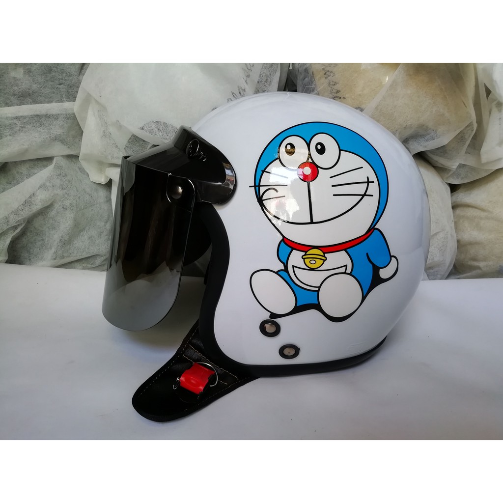 HELM DORAEMON BOGO DEWASA CAT PUTIH KACA DATAR SILVER