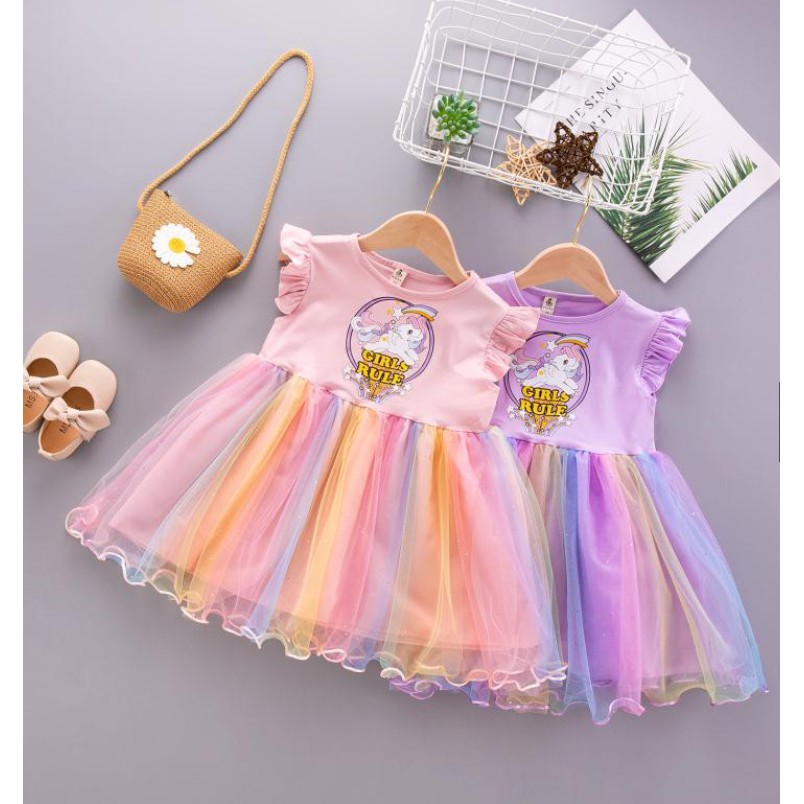 Import Unicorn Dress anak Perempuan Gaun Pesta Dress Tutu Rainbow