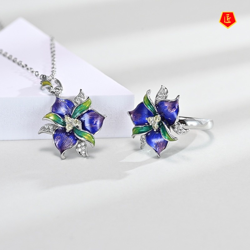 [Ready Stock]Elegant Green Flower Ring Necklace Earrings Pendant Set