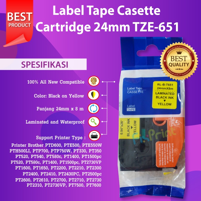 Label Tape TZE-651 24MM Black On Yellow Brother PTE800T E850TKW P710BT Printer Brother PTD600, PTE500, PTE550W, PTH500LI, PTP700, PTP750W, PT330, PT350, PT520, PT540, PT580c, PT1400, PT1500pc, PT1600, PT1650, PT2200, PT2210, PT2300, PT2310, PT2400, PT2410