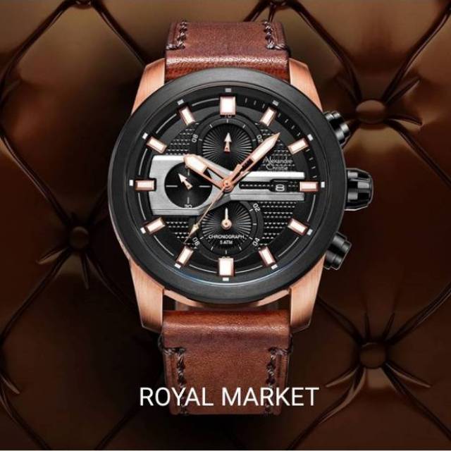 ORIGINAL GARANSI RESMI JAM TANGAN PRIA ALEXANDRE CHRISTIE ROSE GOLD BLACK BROWN KULIT STRAP COWOK AR