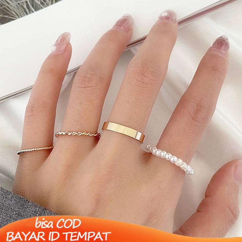 Murah❤️4 Pcs/Set Korea Wanita Mutiara Cincin Wanita Emas Cincin Logam Set Fashion Perhiasan Aksesoris- cl