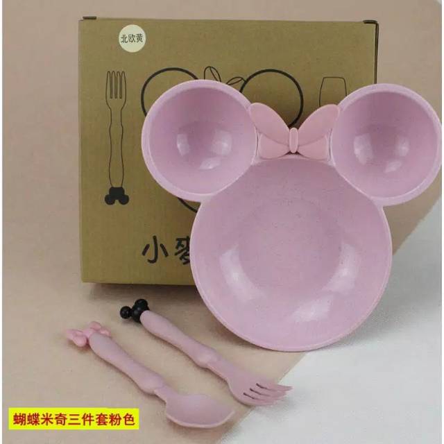 SET PIRING Makan Anak Karakter Minnie Mickey Sendok Garpu