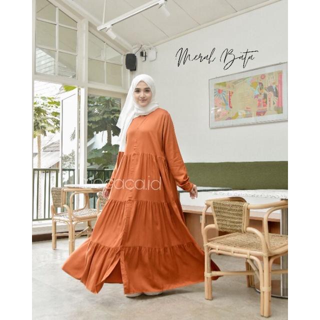 Gamis polos premium Babydoll Lady Dress Rayon Twill Armany Full Kancing busui orange merah bata oren