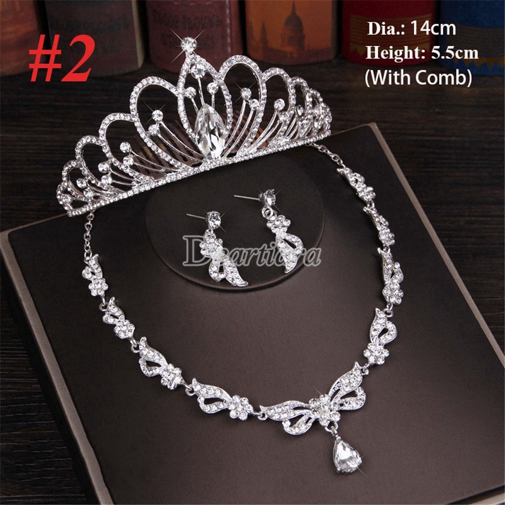 Mahkota Pernikahan Tiara Anting Kalung Set, Perhiasan Pernikahan, Tiga Potong